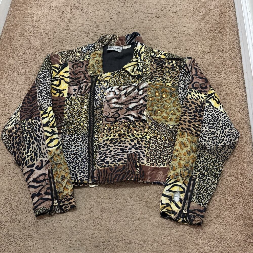 Vintage Way To Go Multi Mixed Animal Print Cropped Bomber Size M Embellished